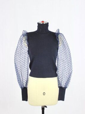 NWT ZARA Navy Blue Ribbed Knit Flocked Dot Organza Puff Sleeve Top, Size S